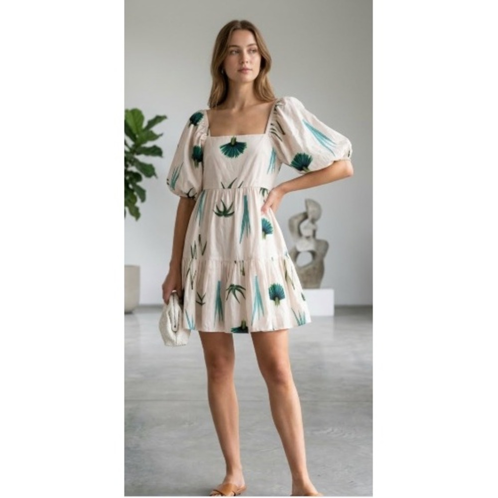 Oliphant Tropical Puff Sleeve Smocked Dress Medium Coastal Boho‎ Resortwear